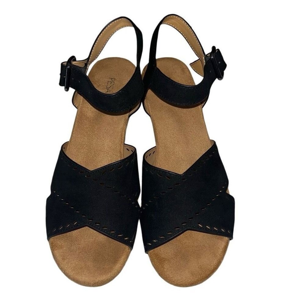 Pesaro Elle Black Faux Suede Cork Wedge Sandals Perforated Strappy Size 8